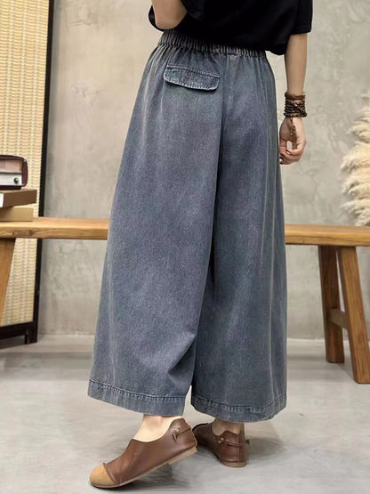 Summer Women Retro Worn Pocket Wide-leg Denim Pants