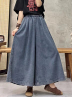 Summer Women Retro Worn Pocket Wide-leg Denim Pants