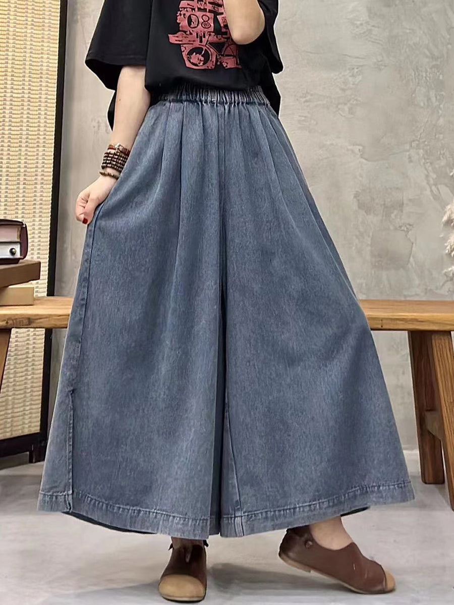 Summer Women Retro Worn Pocket Wide-leg Denim Pants