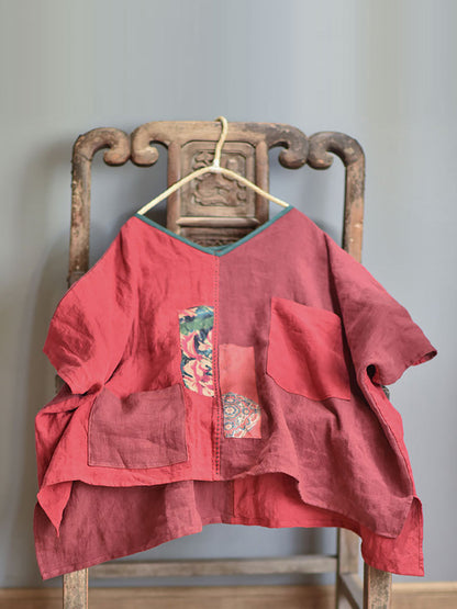 Women Ethnic Patch Spliced Pocket V-neck Loose Shirt