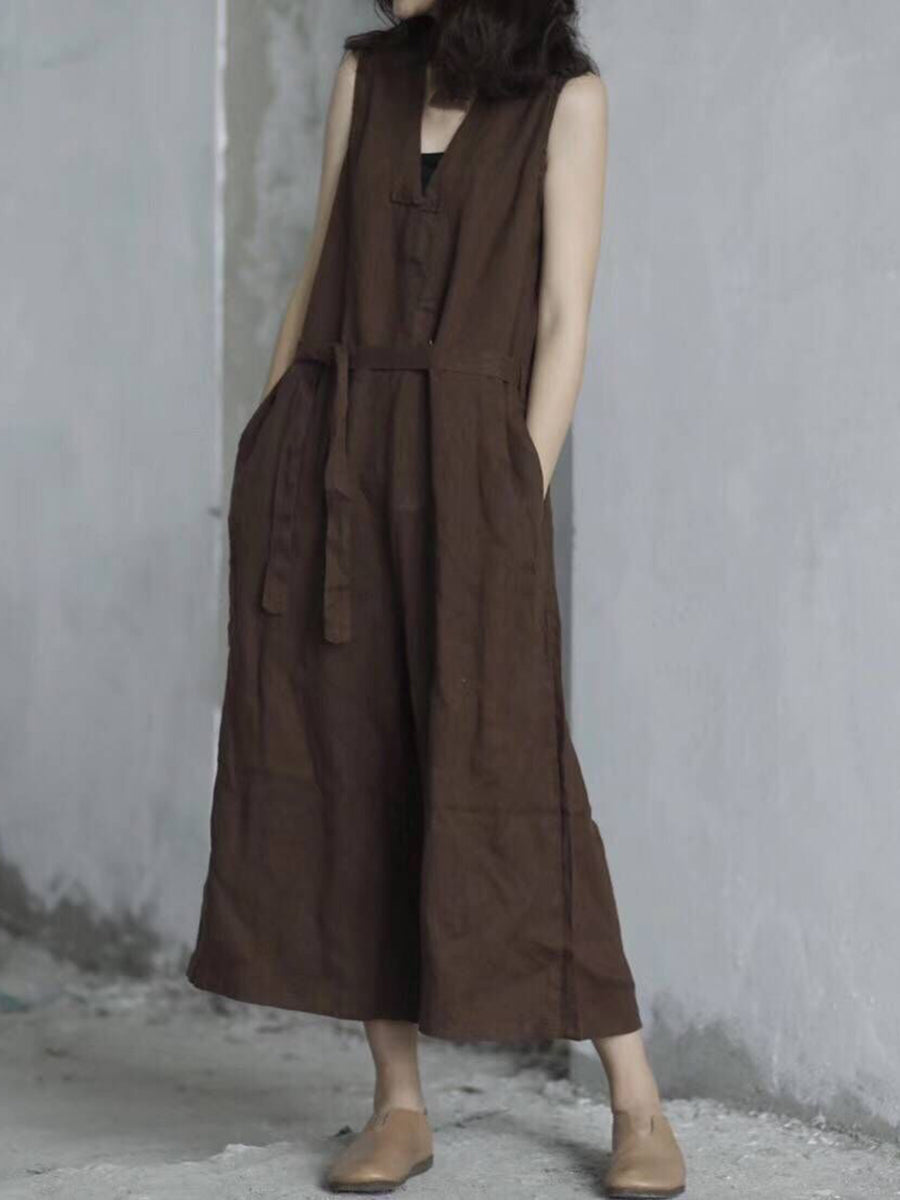 Women Summer Casual Solid Pocket Loose Linen Vest Jumpsuits