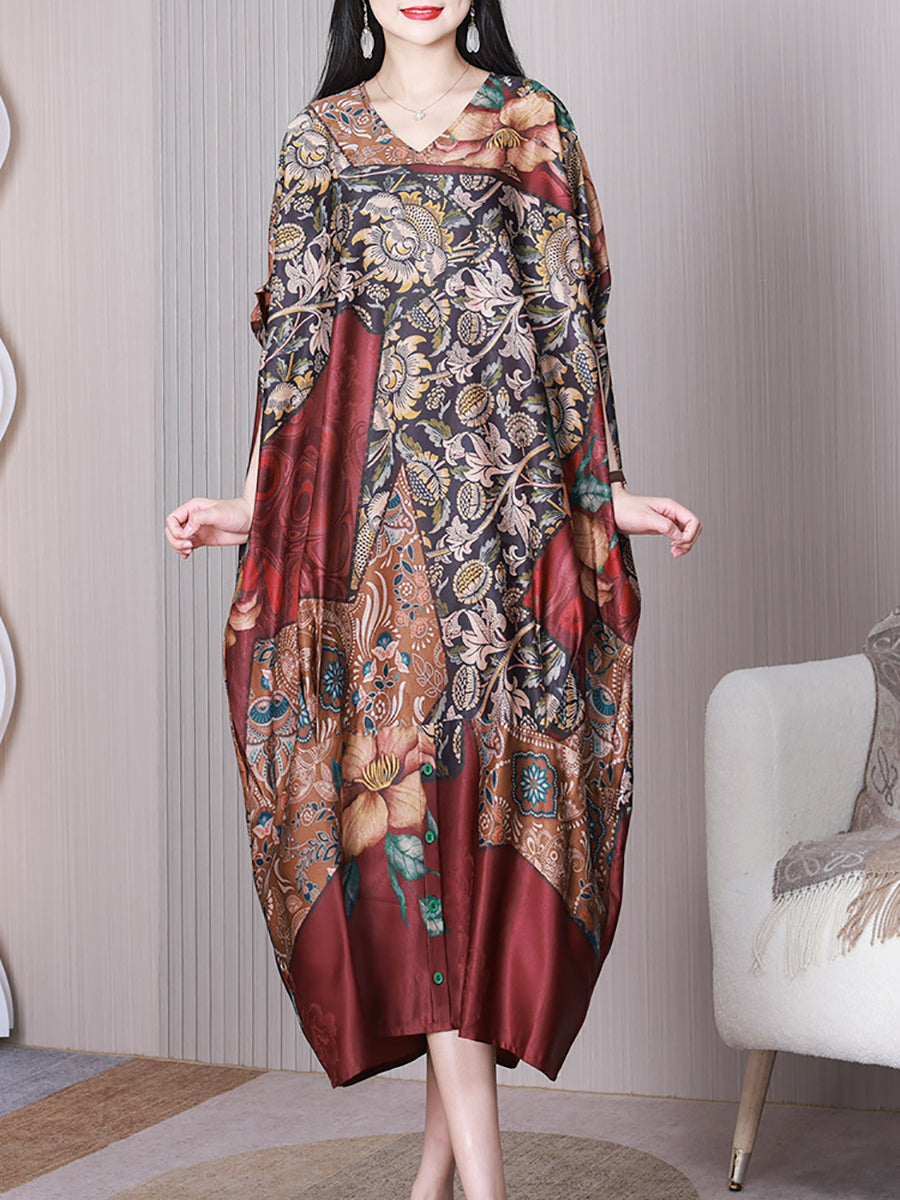 Women Summer Vintage Flower Spliced Loose Silk Dress