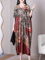 Women Summer Vintage Flower Spliced Loose Silk Dress