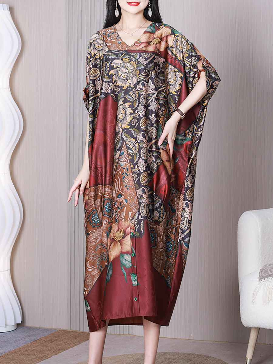 Women Summer Vintage Flower Spliced Loose Silk Dress