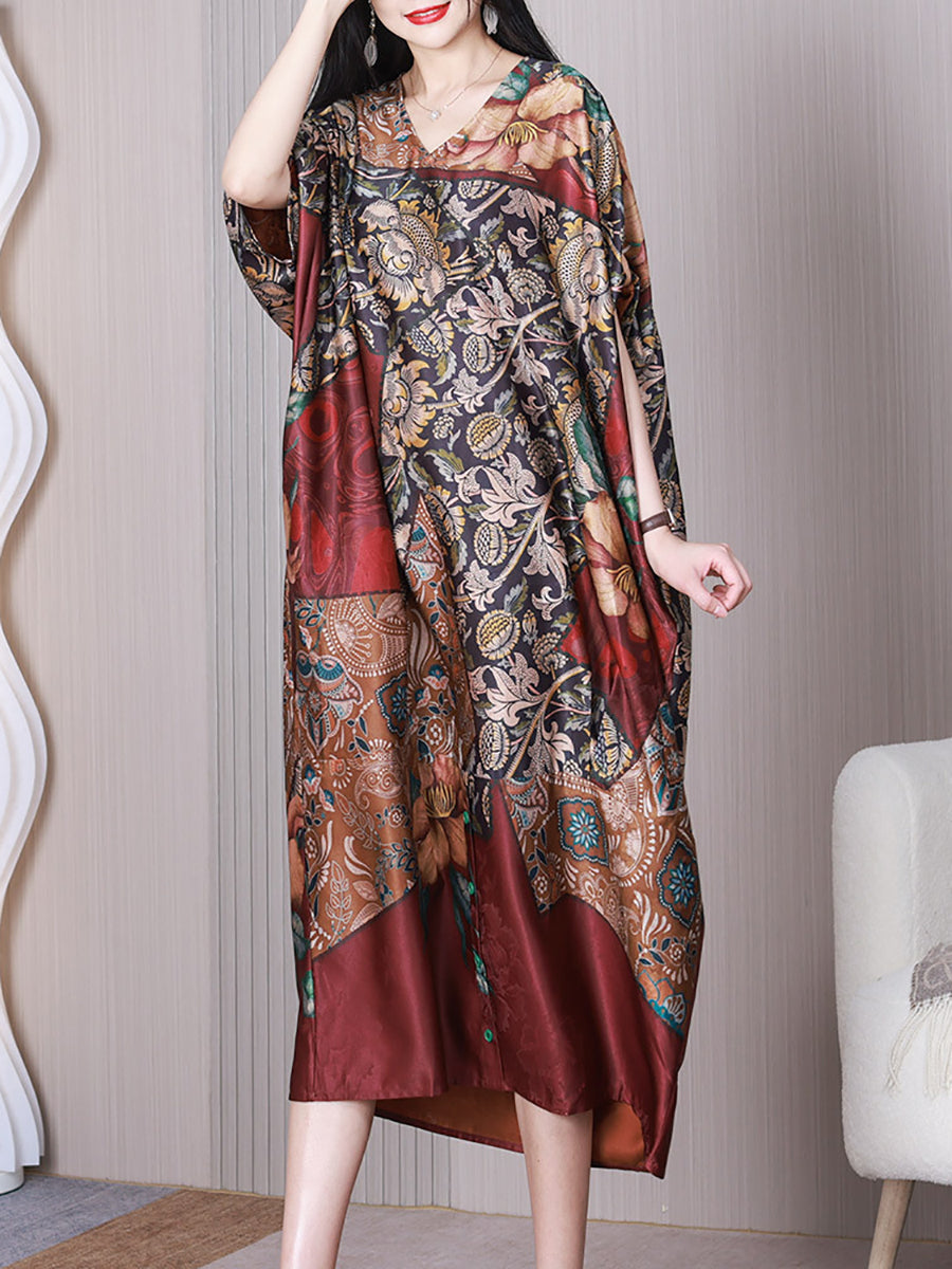 Women Summer Vintage Flower Spliced Loose Silk Dress