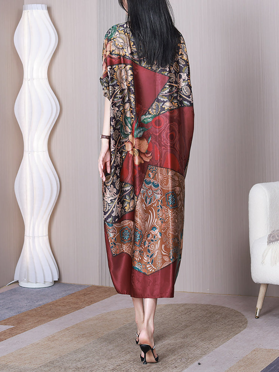 Women Summer Vintage Flower Spliced Loose Silk Dress