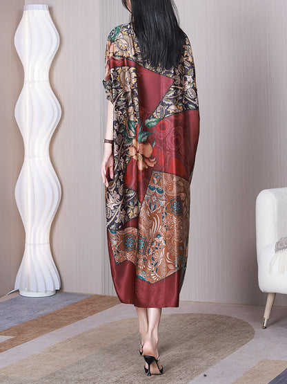 Women Summer Vintage Flower Spliced Loose Silk Dress