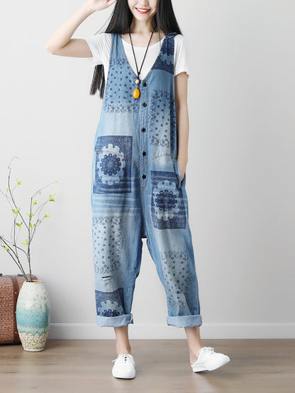 Women Summer Flower Print Button Loose Denim Jumpsuits