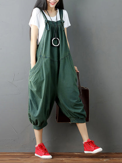 Women Solid Loose Stitching Pocket Hanging Crotch Denim Jumpsuits
