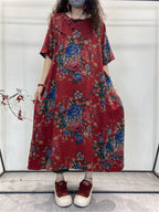 Plus Size Summer Vintage Ethnic Flower Button Loose Dress