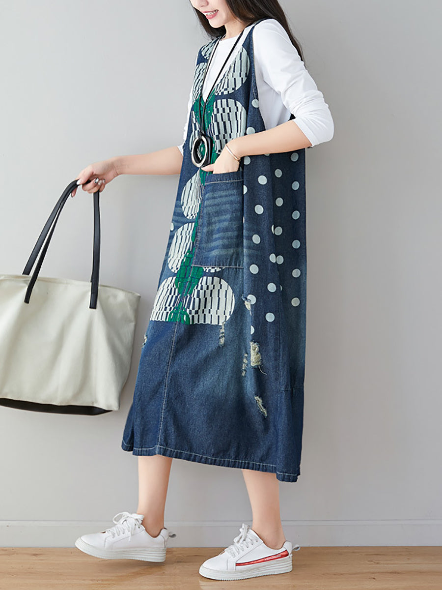 Women Artsy Dot Print Frayed Pocket Vest Denim Dress