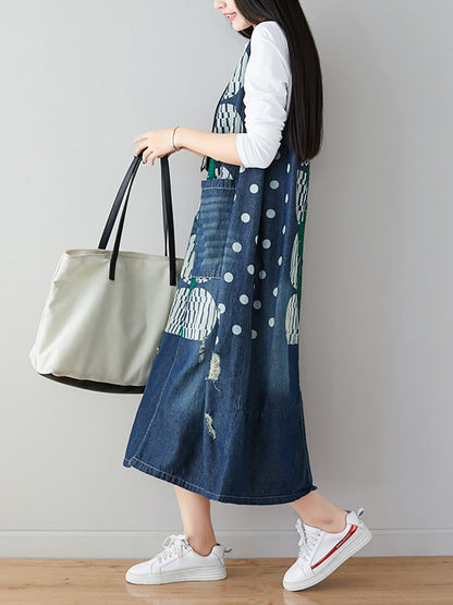 Women Artsy Dot Print Frayed Pocket Vest Denim Dress