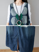 Load image into Gallery viewer, Women Artsy Dot Print Frayed Pocket Vest Denim Dress
