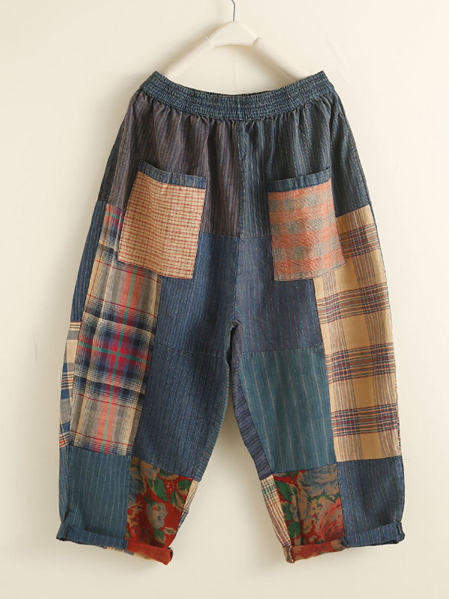 Women Retro Plaid Patch Spliced Pocket Harem Pants