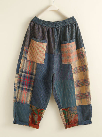 Women Retro Plaid Patch Spliced Pocket Harem Pants