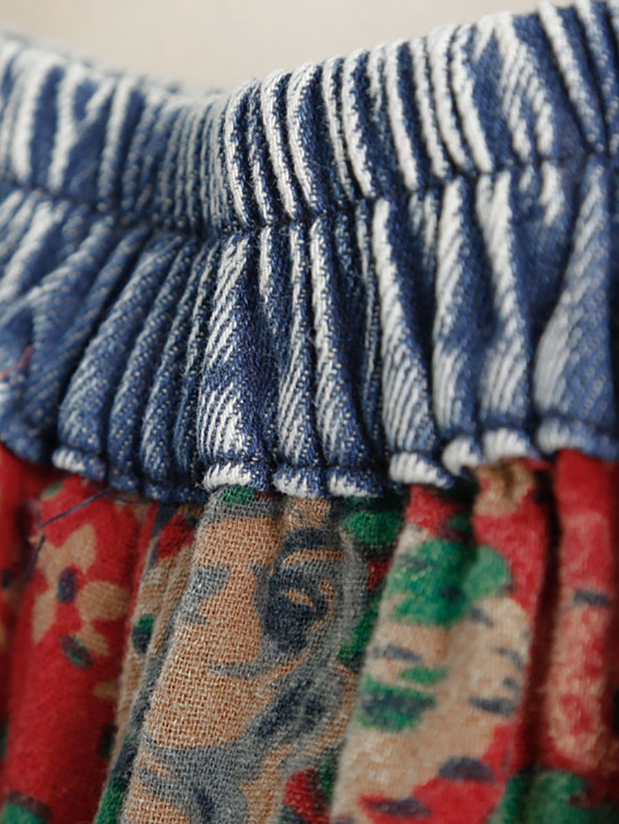 Women Summer Vintage Floral Patch Spliced Harem Pants