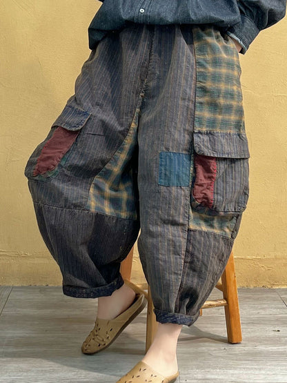 Women Vintage Patch Spliced Pocket Harem Pants