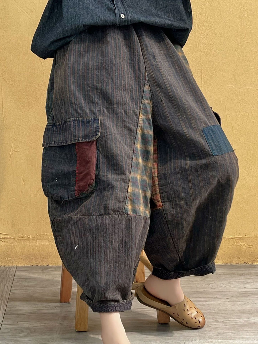 Women Vintage Patch Spliced Pocket Harem Pants