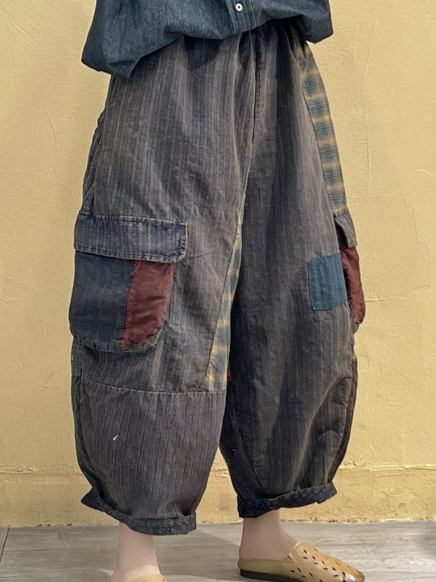 Women Vintage Patch Spliced Pocket Harem Pants