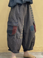 Women Vintage Patch Spliced Pocket Harem Pants