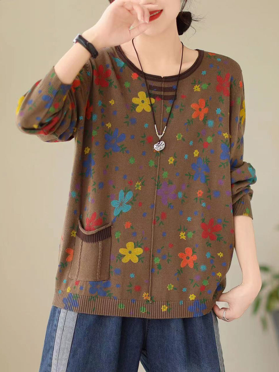 Women Autumn Vintage Floral Knitted Pullover Shirt