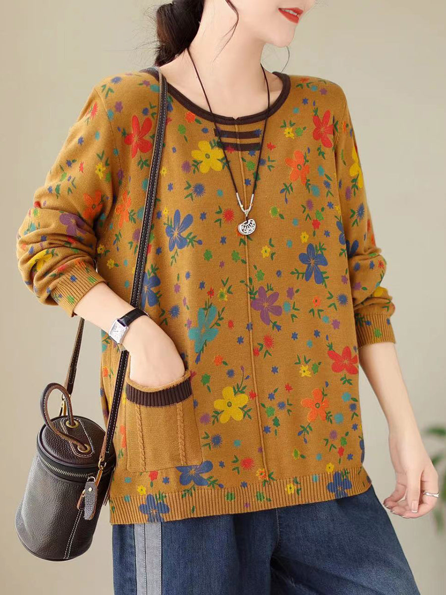 Women Autumn Vintage Floral Knitted Pullover Shirt