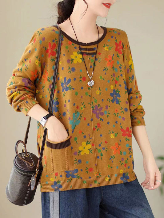 Women Autumn Vintage Floral Knitted Pullover Shirt
