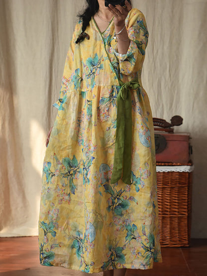 Women Vintage Flower Drwastring V-Neck Loose Ramie Dress