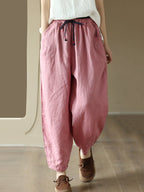 Women Casual Solid Drawstring Colorblock Waist Linen Pants