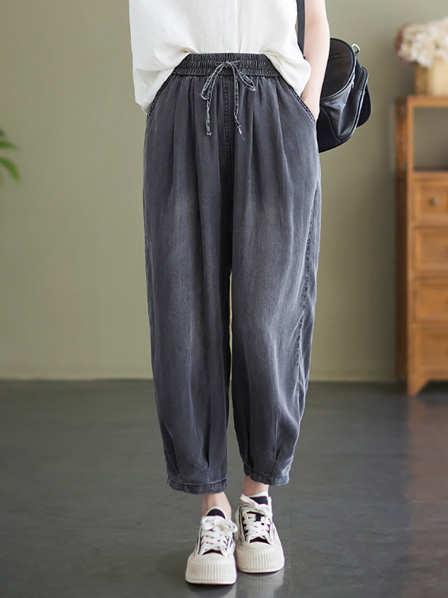 Women Summer Worn Solid Pleat Loose Pocket Denim Pants