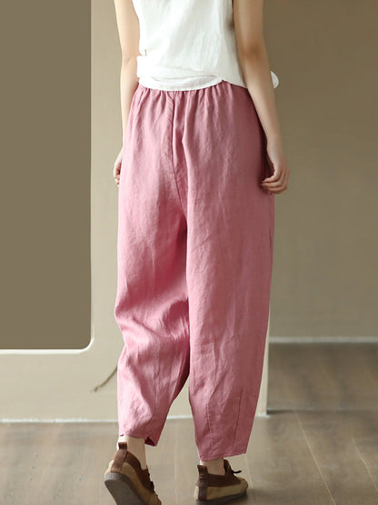 Women Casual Solid Drawstring Colorblock Waist Linen Pants