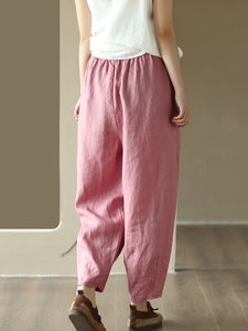 Women Casual Solid Drawstring Colorblock Waist Linen Pants