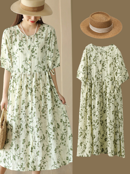 Women Summer Floral Drawstring Pleat Loose Cardigan Dress