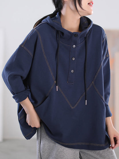 Plus Size Women Autumn Casual Solid Stitching Hooded Shirt