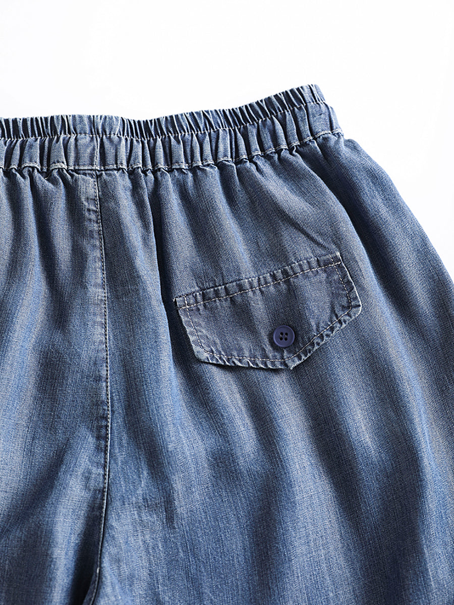 Women Summer Caual Solid Pocket Drawstring Denim Pants