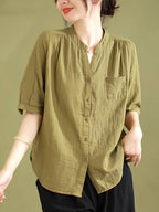 Women Summer Artsy Solid V-Neck 100%Cotton Shirt