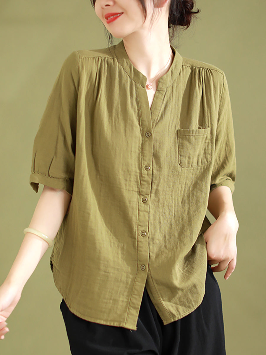 Women Summer Artsy Solid V-Neck 100%Cotton Shirt