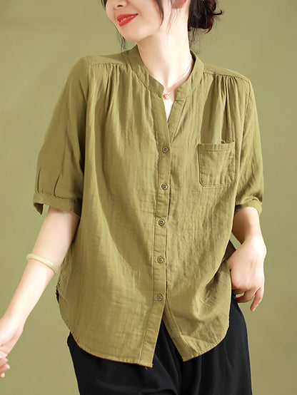 Women Summer Artsy Solid V-Neck 100%Cotton Shirt