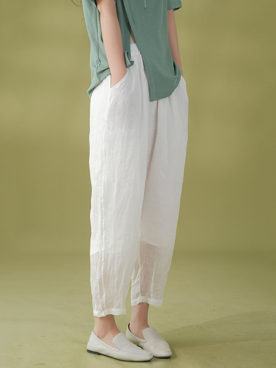 Women Summer Solid Pleat Pocket Thin Ramie Harem Pants