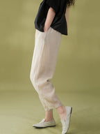 Women Summer Solid Pleat Pocket Thin Ramie Harem Pants
