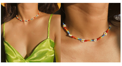Personalized Colorful Beaded Ethnic Necklace Creative Rice Bead Woven Flower Geometric Necklace Bracelet Anklet