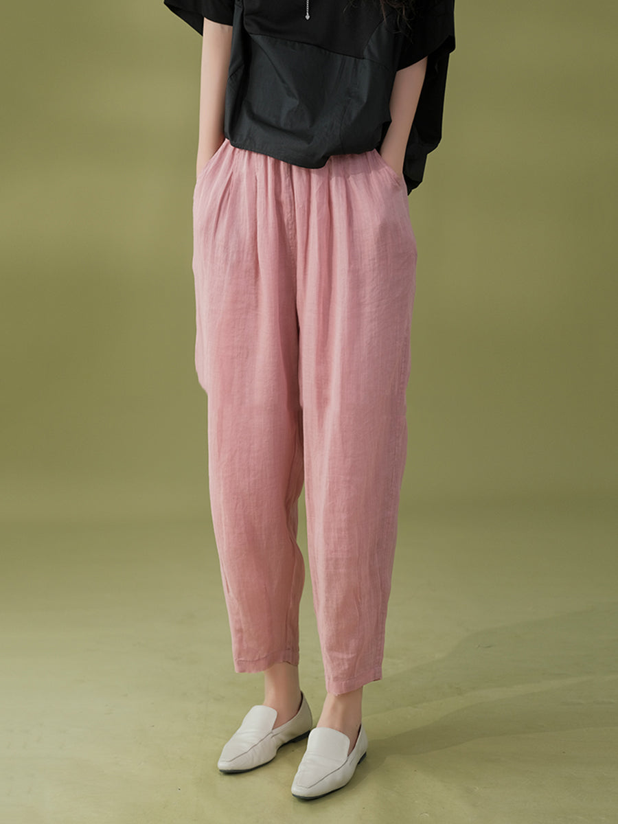 Women Summer Solid Pleat Pocket Thin Ramie Harem Pants