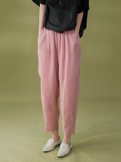 Women Summer Solid Pleat Pocket Thin Ramie Harem Pants