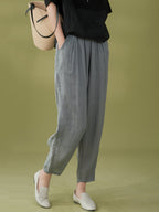 Women Summer Solid Pleat Pocket Thin Ramie Harem Pants