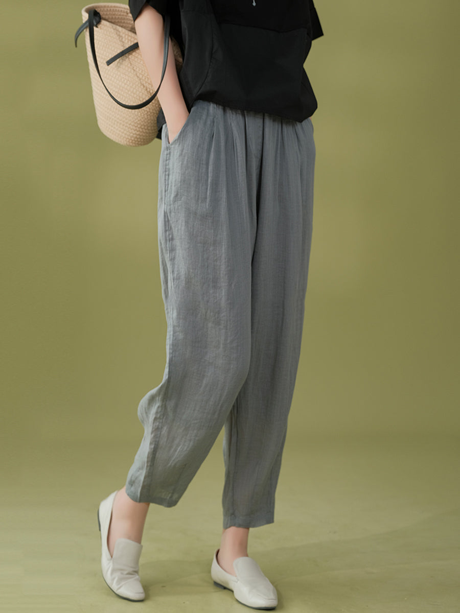 Women Summer Solid Pleat Pocket Thin Ramie Harem Pants