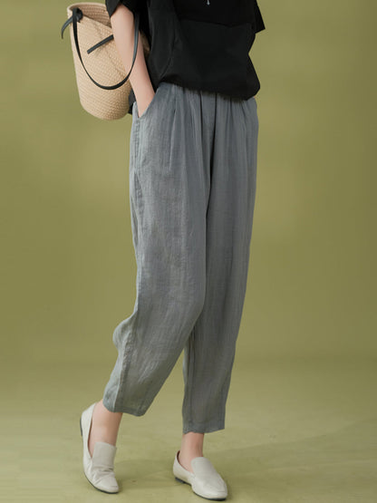 Women Summer Solid Pleat Pocket Thin Ramie Harem Pants