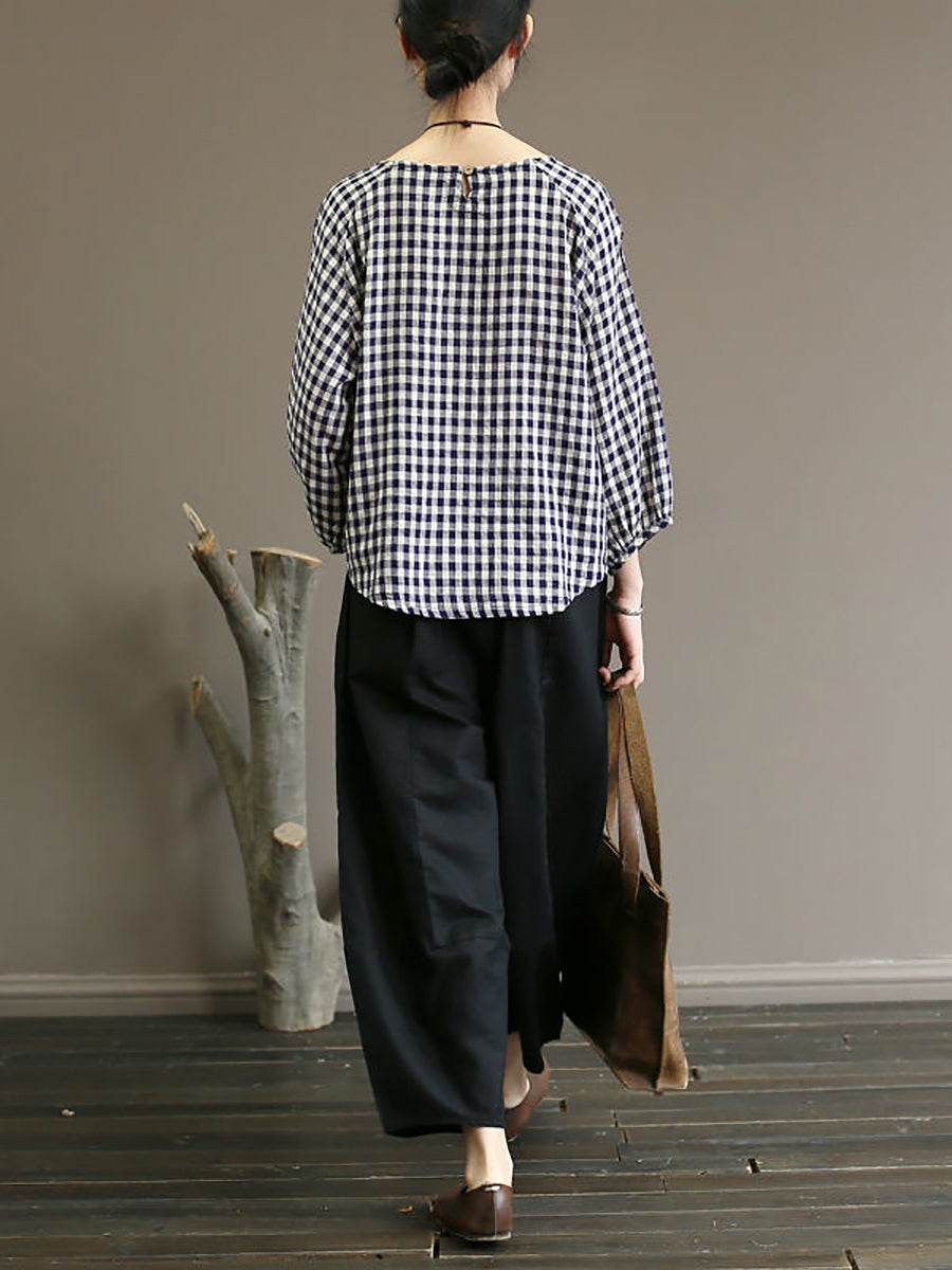 Plus Size Women Summer Vintage Plaid Loose Pullover Cotton Shirt