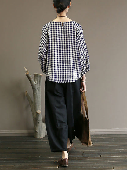 Plus Size Women Summer Vintage Plaid Loose Pullover Cotton Shirt