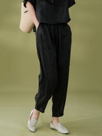 Women Summer Solid Pleat Pocket Thin Ramie Harem Pants