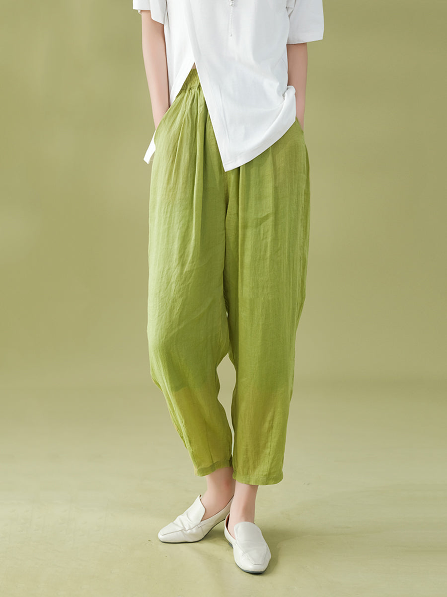 Women Summer Solid Pleat Pocket Thin Ramie Harem Pants